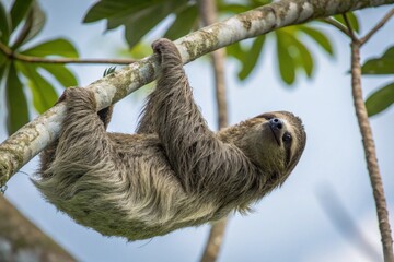 Fototapeta premium A three-toed sloth hangs upside down from a slender tree branch, its long, coarse fur draping around it.