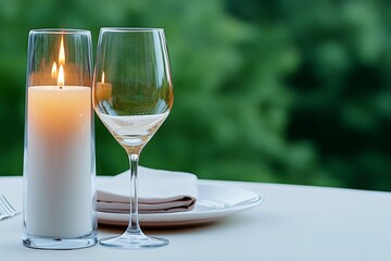 A romantic apartment dining area, set for two with candles, elegant tableware, and soft ambient lighting