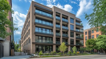 Fototapeta premium Modern Sleek Apartment Building with Large Windows