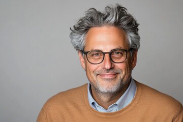 Obraz premium A senior man with grey hair and glasses smiling gently, isolated on a clean white background. He is dressed in a casual sweater and collared shirt, exuding a sense of wisdom and warmth, with