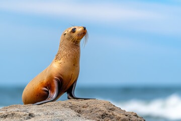 A sea lion basking on a rocky shore, with waves crashing dramatically in the background