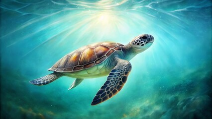 Obraz premium A Majestic Sea Turtle Gracefully Navigates the Sunlit Depths of the Ocean