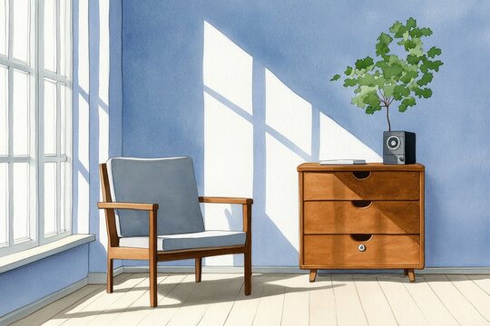 A soft watercolor scene of a sunlit apartment living room, with cozy furniture and delicate details