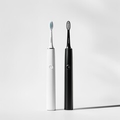 Fototapeta premium Two electric toothbrushes, one white and one black, on a white background.