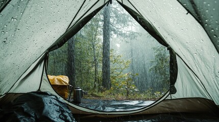 Obraz premium A view from inside a tent during a rainstorm, with raindrops pelting the canvas and a misty forest visible through the opening.