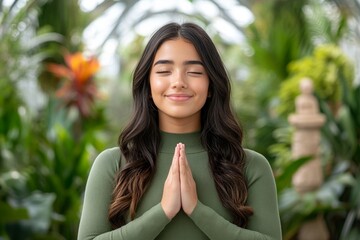A young Hispanic woman meditating in a lush park filled with tropical plants and vibrant greenery. She places her hands on her chest with a calm smile, feeling gratitude and mental clarity,