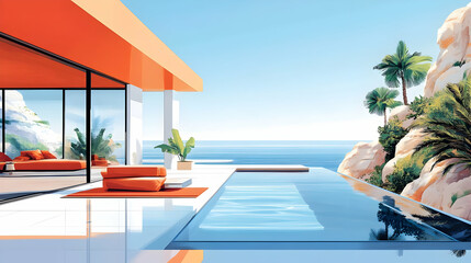 Fototapeta premium Modern Minimalist Home with Infinity Pool Illustration
