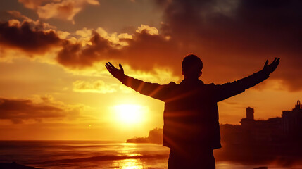 Silhouette of a Man at Sunset with City Skyline