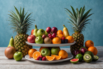 Artistic vegetables and tropical fruits on a large white plate, wooden table setting, pastel blue background, fresh and modern look