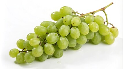 Fototapeta premium Fresh bunch of green grapes on a white background with subtle shadows and highlights, fruit, table setting, kitchen, white background