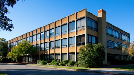 Obraz premium Vintage 1960s Office Building with Tall Structure