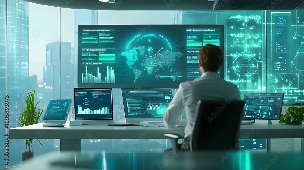 Poster A professional analyzing real-time energy usage data on IoT-enabled dashboards in a green office. 4k resolution, Cinematic Scene