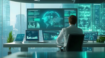 A professional analyzing real-time energy usage data on IoT-enabled dashboards in a green office. 4k resolution, Cinematic Scene