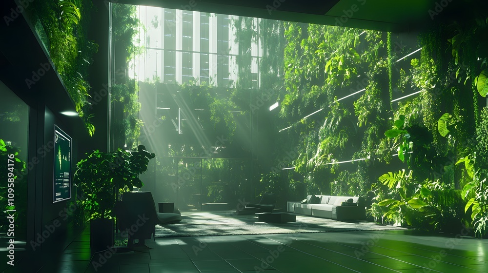 Poster A futuristic green office utilizing IoT technology to automate sustainable building management. 4k resolution, Cinematic Scene