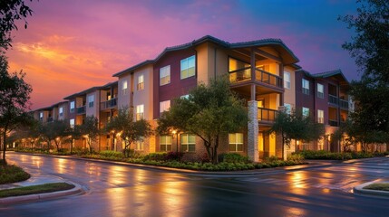 Modern Apartment Complex at Sunset