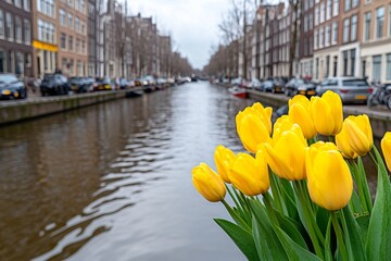 Obraz premium Amsterdamâ€™s Flower Market along the Singel Canal, with vibrant displays of tulips, daffodils, and exotic blooms