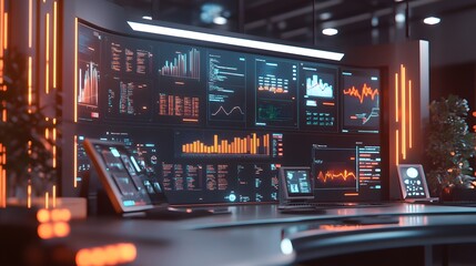 A hybrid coworking hub featuring blockchain-enabled revenue tracking dashboards in AR interfaces. 4k resolution, Cinematic Scene