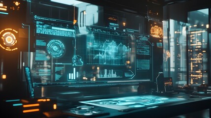 A collaborative workspace featuring blockchain visualization systems for investment analysis through AR platforms. 4k resolution, Cinematic Scene