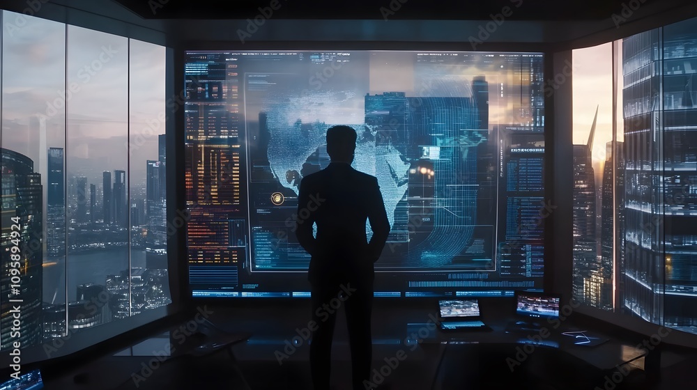 Poster A professional analyzing holographic data insights on a futuristic dashboard in a modern workspace. 4k resolution, Cinematic Scene