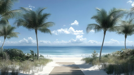Tropical Beach Scene with Palm Trees and Wooden Walkway - 3D Illustration