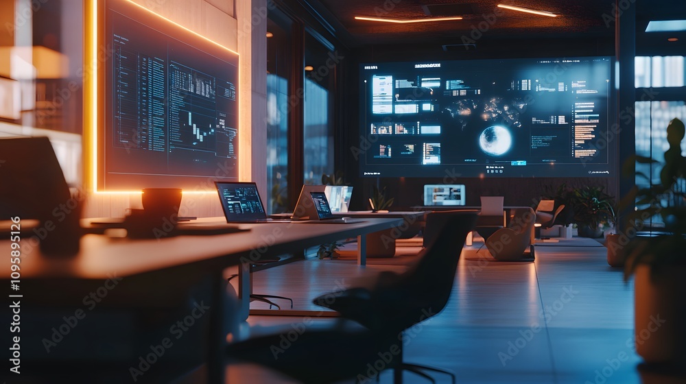 Poster a modern coworking hub where professionals discuss financial strategies using holographic projection