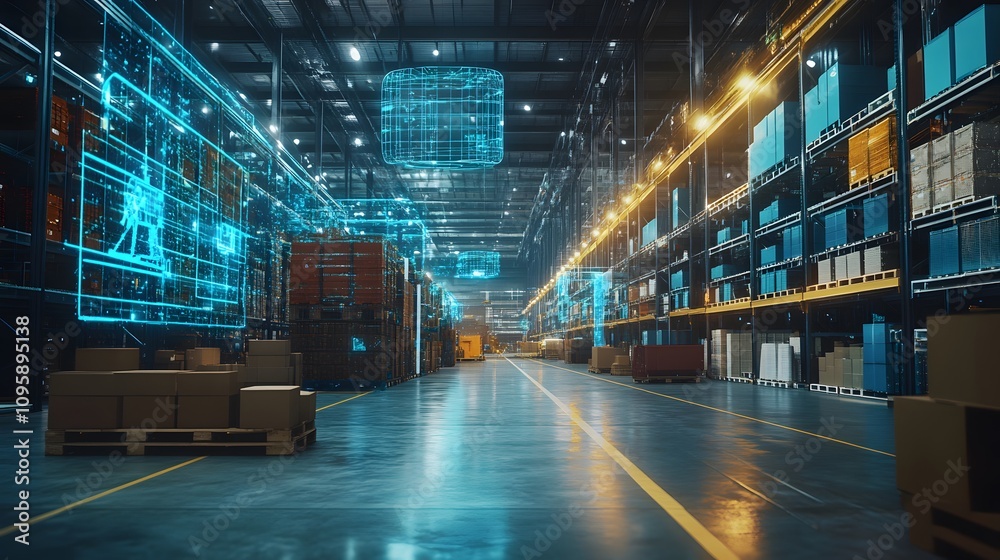 Poster a collaborative workspace featuring holographic tools for visualizing supply chain efficiency. 4k re