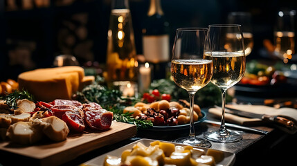 Two Glasses of Sparkling Wine on a Table with Appetizers - Photo