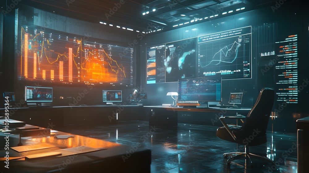 Poster A modern workspace featuring holographic charts for evaluating customer satisfaction metrics in real time. 4k resolution, Cinematic Scene