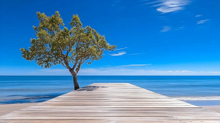 Beach Scene with a Lone Tree and Wooden Pier - Photo