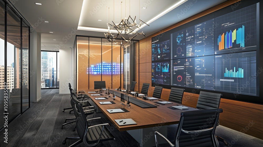 Poster a collaborative meeting room featuring holographic tools for visualizing risk management data. 4k re