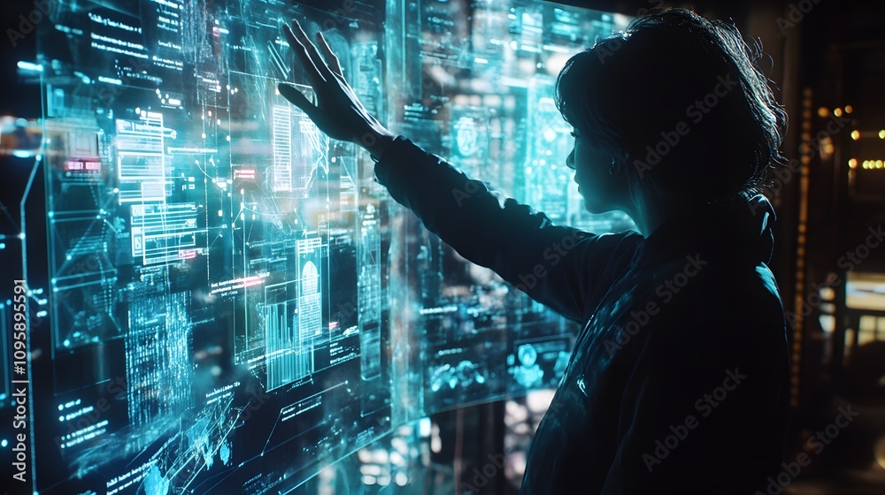 Poster a professional using holographic dashboards to analyze workforce engagement in a hybrid workspace. 4