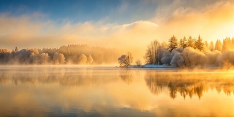 Fototapeta premium Serene winter sunrise over a tranquil lake, with frost-covered trees reflecting in the calm water, creating a breathtaking golden hour scene.