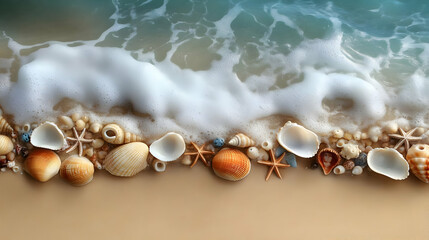 Naklejka premium Seashells and Starfish on Sandy Beach with Foamy Ocean Wave - Photo