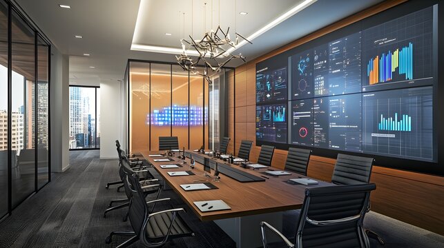 A collaborative meeting room featuring holographic tools for visualizing risk management data. 4k resolution, Cinematic Scene