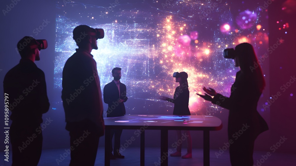 Poster A collaborative session in the metaverse where professionals discuss sales analytics projected as interactive visuals. 4k resolution, Cinematic Scene