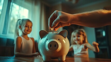 Financial Stability and Savings: A Conceptual Close-Up of a Piggy Bank with Family Cutouts - Perfect for Inspiring Home Office Posters or Family Room Decor