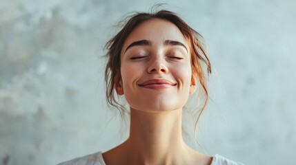 A woman with a relieved expression, closing her eyes and exhaling deeply, a smile spreading across her face.