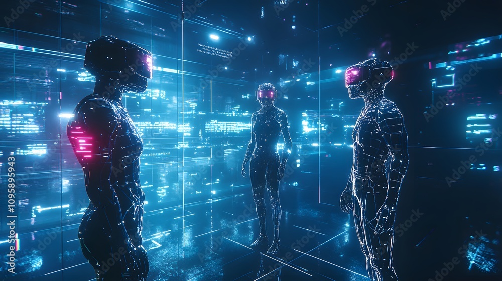 Poster avatars engaging in real-time resource allocation discussions in a futuristic virtual environment. 4
