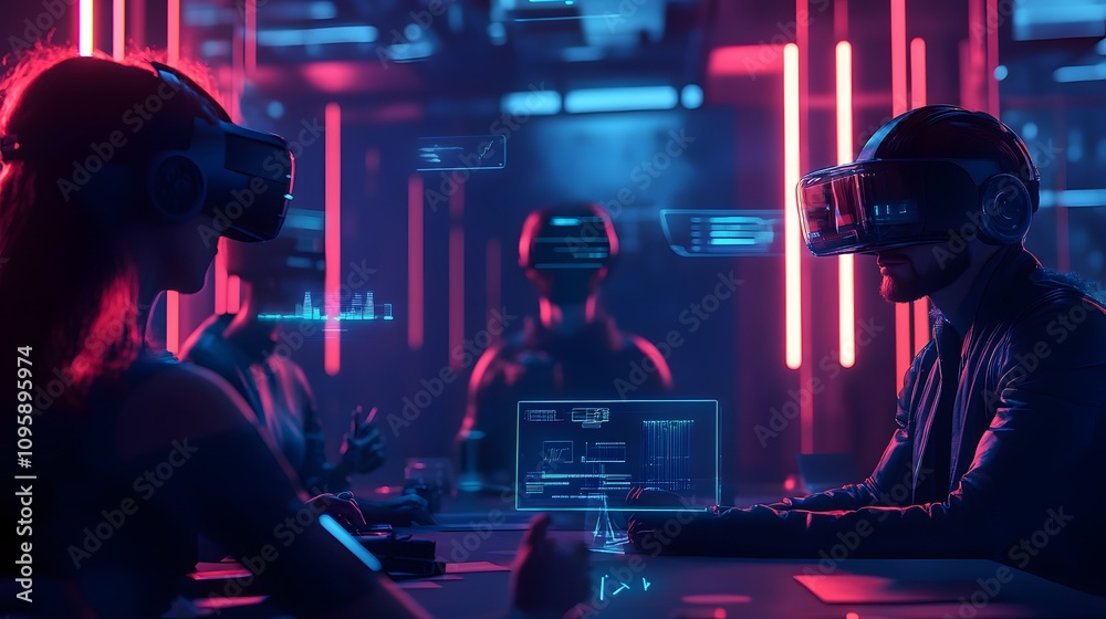 Poster a futuristic team-building exercise held in an immersive metaverse workspace. 4k resolution, cinemat