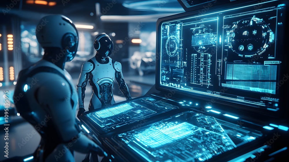 Poster avatars engaging in real-time resource allocation discussions in a futuristic virtual environment. 4