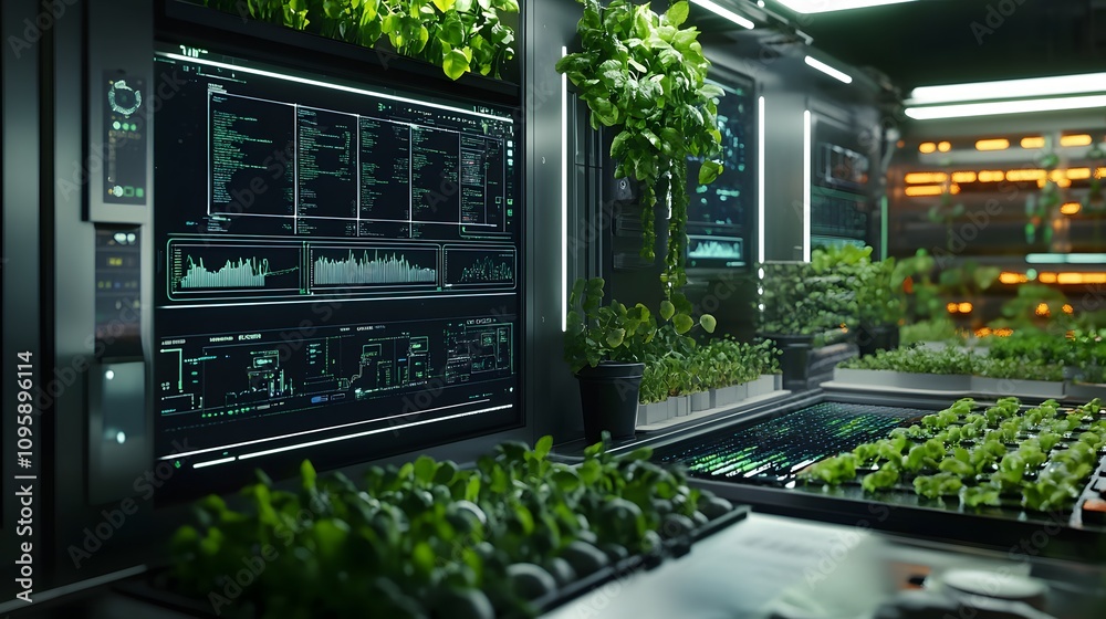 Poster A futuristic workspace using IoT technology to automate and monitor plant care systems. 4k resolution, Cinematic Scene