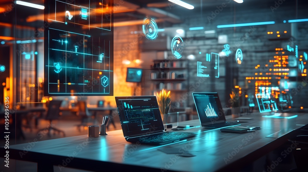 Aufkleber a hybrid workspace featuring iot sensors monitoring energy efficiency and environmental impact. 4k r