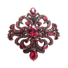 A beautifully ornate brooch featuring intricate designs and vibrant red gemstones, showcasing...