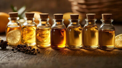 Glass Bottles with Essential Oils on Wooden Table - Realistic Image