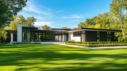 Modern Luxurious House with Flat Roof and Green Landscape