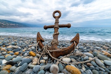 Fototapeta premium Anchor entwined with fishing nets and ropes, lying on a pebble beach under a cloudy sky
