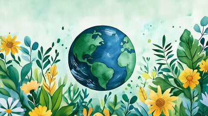 Watercolor Earth Illustration with Flowers