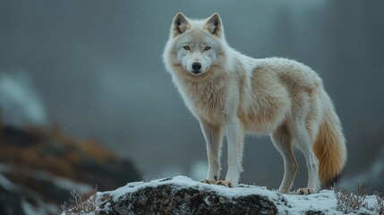 Obraz premium Lone white wolf standing on snowy rock in misty wilderness