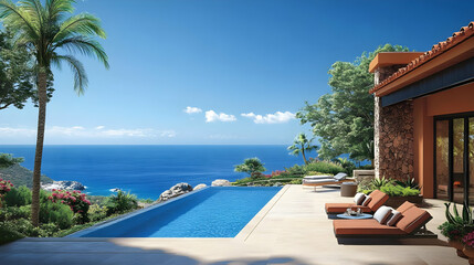 Naklejka premium Luxury Villa with Infinity Pool and Ocean View - 3D Illustration