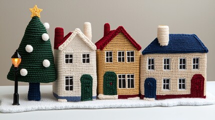 Naklejka premium Crochet Christmas Village Scene Houses Tree Lamppost